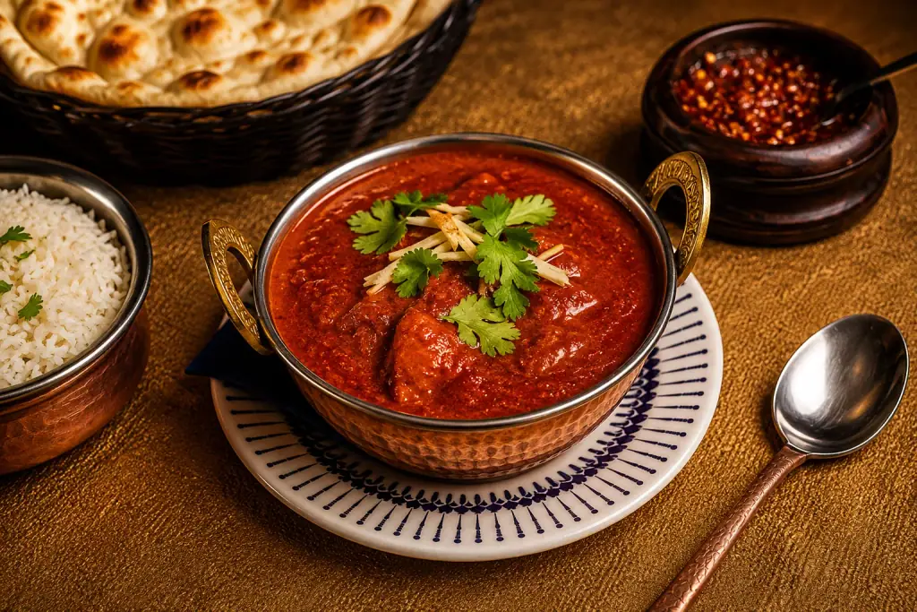 Kuparikulhollinen curryä korianterin ja inkiväärin kera, naania ja riisiä kultaisella pöytäliinalla.